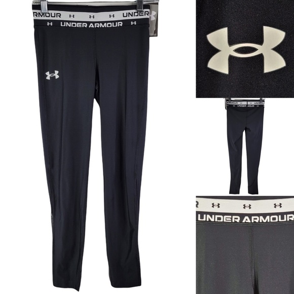 Under Armour UA Heat Gear Girls Youth Medium Leggings Black Pants Logo Waistband - Picture 1 of 8